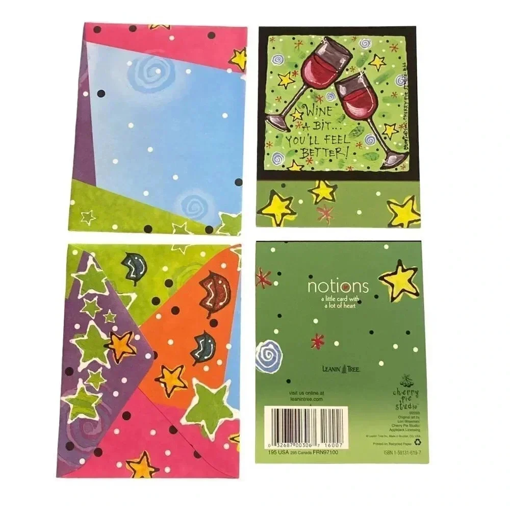JUST FOR FUN Vintage 6/pk Note Cards Leanin'‎ Tree Lori Wiseman Wine Glasses NOS